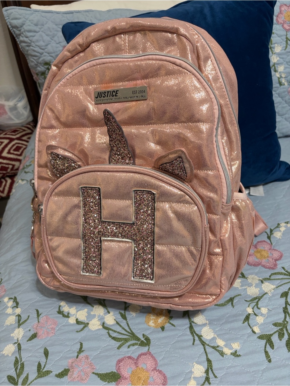 PreOwned Justice Unicorn Rose Gold Glittery Pink Backpack Full Size Laundered